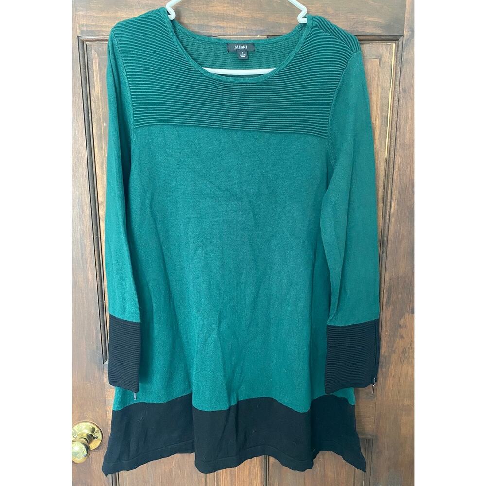 Alfani Womens Large Long Sweater Scoop Neck Green Black - Picture 7 of 9